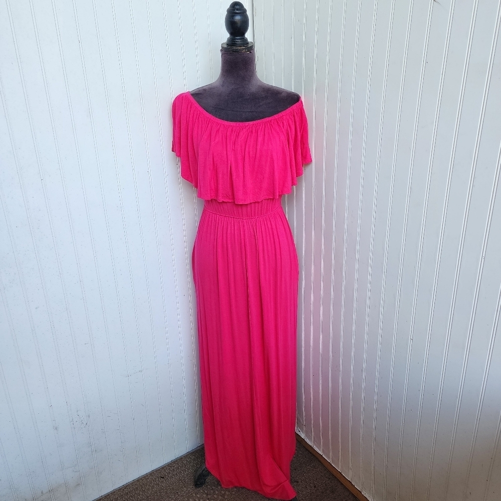 Sweet Lovely by Jen Pink Ruffle Strapless Maxi Lkng Dress Off The Shoulder Sz S